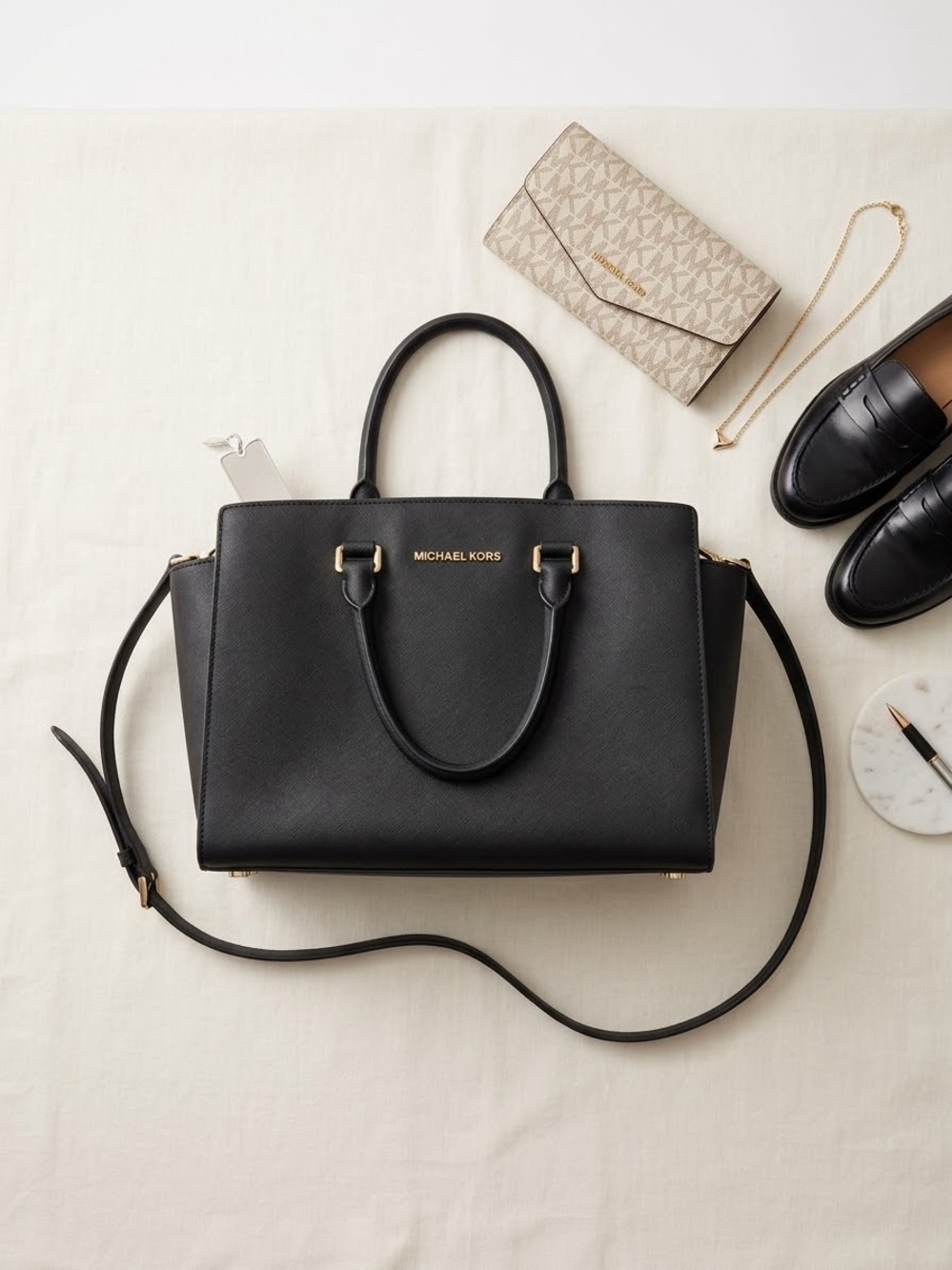 Michael Kors Black Leather Satchel with Gold Hardware